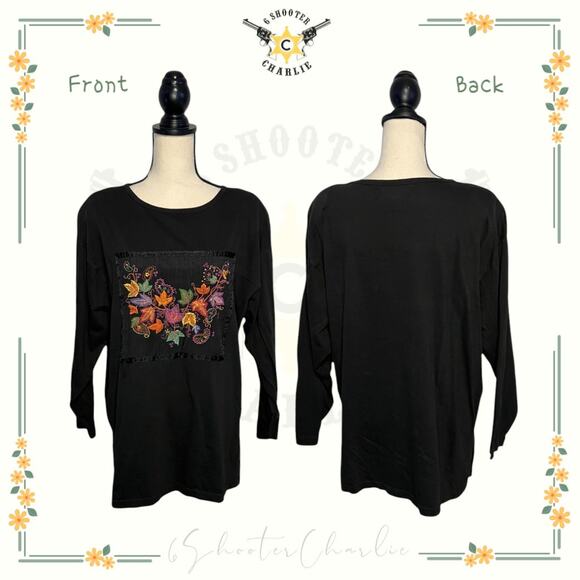 VTG Arriviste Women's Large Black Satin Fall Top Embroidered Colorful Maple Leaf - Picture 1 of 7